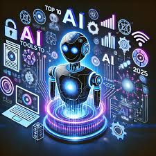 Futuristic AI robot surrounded by digital technology and artificial intelligence icons